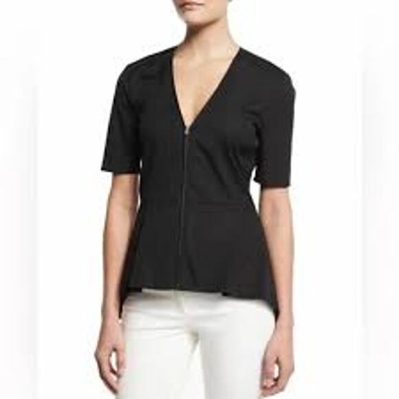 Veronica Beard Black Meyer Short Sleeve Zip-Front Peplum Blouse Size 6 - Picture 1 of 8